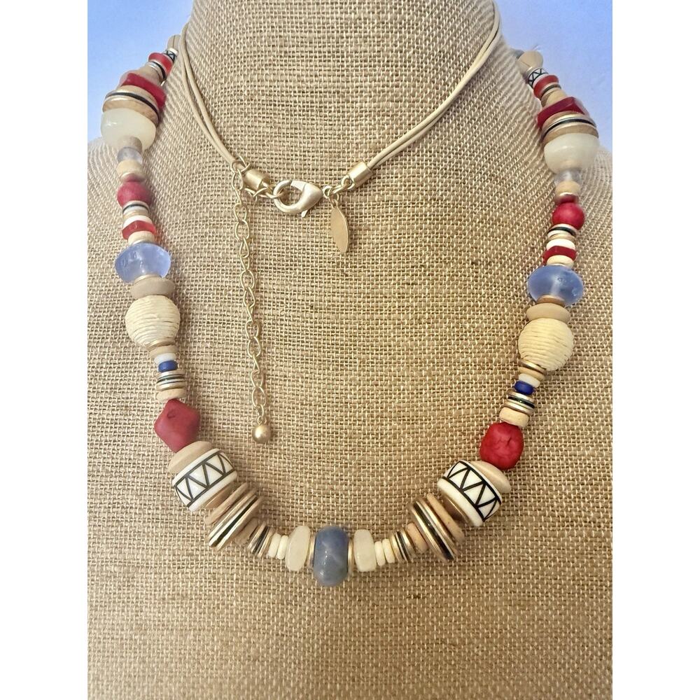 CHICO'S Necklace With Beads & Adjustable Leather Strap